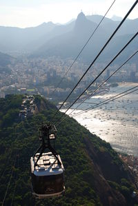 Overhead cable care with mountain in background