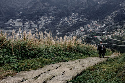 Rear view of man walking on landscape