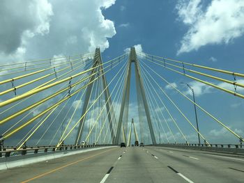 View of suspension bridge against cloudy sky