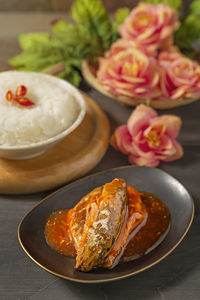 High angle view of food in plate on table