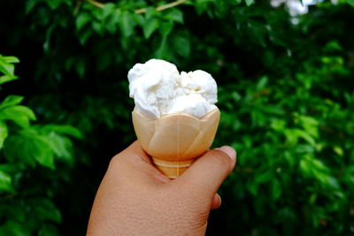 Close-up of hand holding ice cream