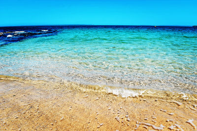 Scenic view of sea against clear blue sky