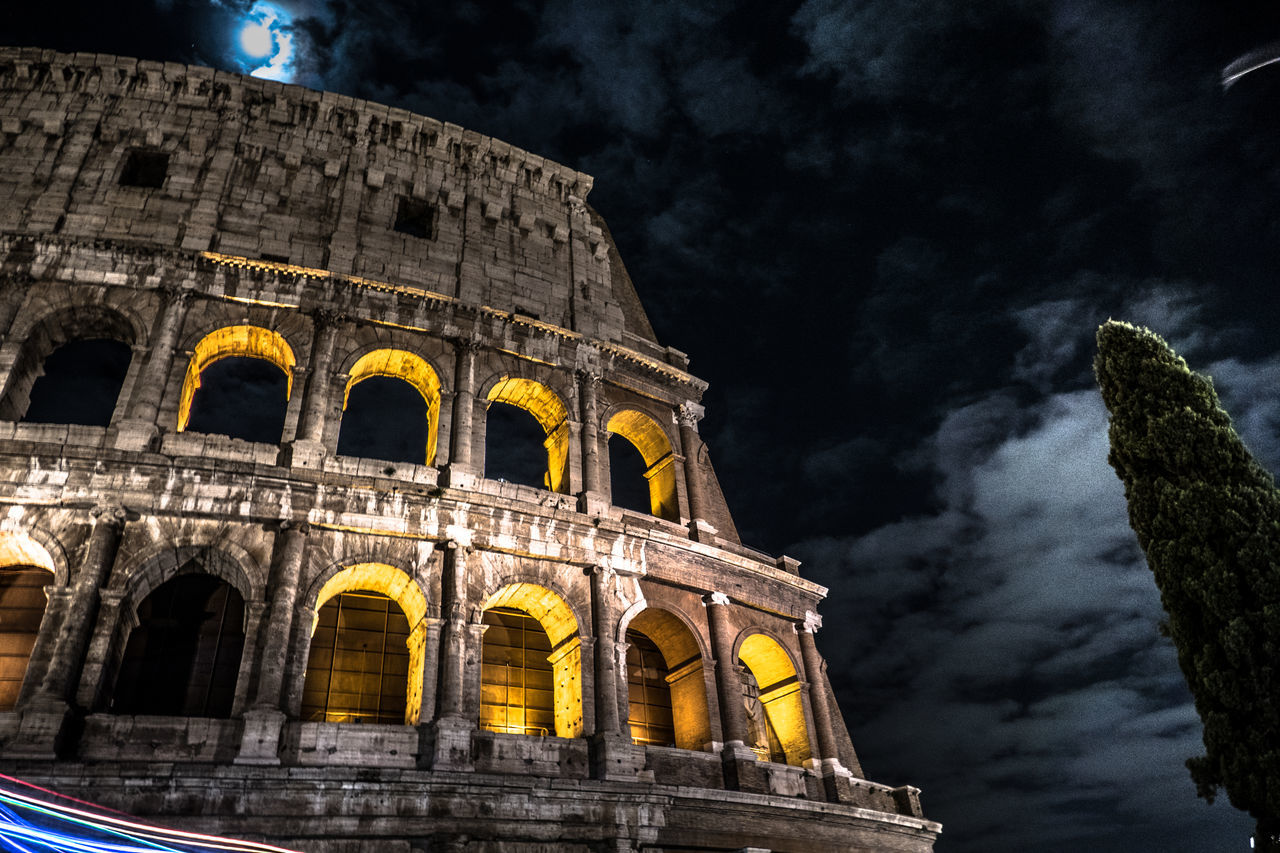 history, architecture, ancient, the past, sky, old ruin, cloud - sky, tourism, built structure, arch, low angle view, travel destinations, travel, outdoors, ancient civilization, building exterior, arts culture and entertainment, no people, night