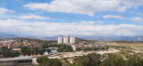 High angle view of buildings in city against sky