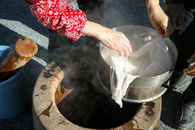 High angle view of people preparing food