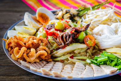 High angle view of meal served on table