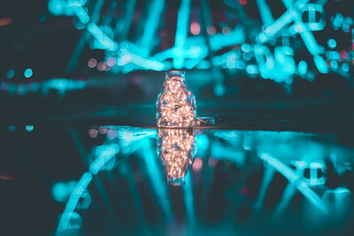 Illuminated string lights in glass bottle on shiny surface with ferris wheel in background at night