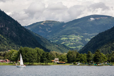 Scenic view of lake against cloudy sky