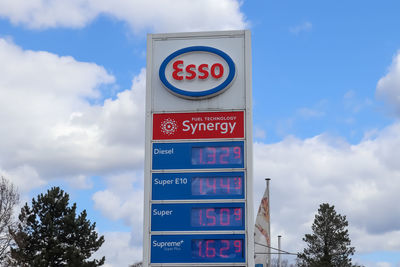 Low angle view of information sign against sky