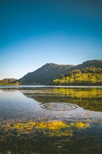 Scenic view of lake against clear blue sky