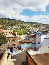 High angle view of town against sky