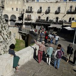 High angle view of people at town square