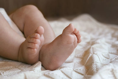 Baby legs close up on white blanket. newborn feet. warm sunlight. infant. authentic candid lifestyle