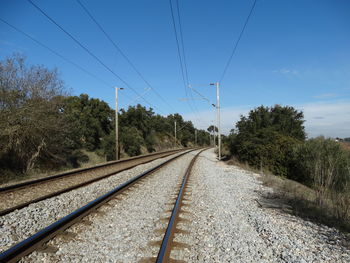 Railway tracks by trees against clear sky