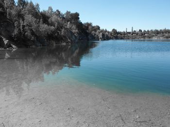 Scenic view of lake against clear sky