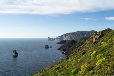 Scenic view of bay against sky