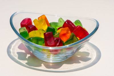 High angle view of fruits in glass on table