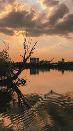 Scenic view of lake against sky at sunset