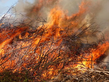 Close-up of bonfire on landscape against the sky