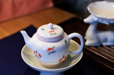 High angle view of tea pot on table