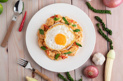 High angle view of breakfast served on table