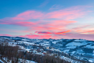 Scenic view of snowcapped mountains against sky during sunset