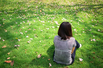 Rear view of woman on grass