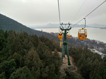 Overhead cable car against cloudy sky