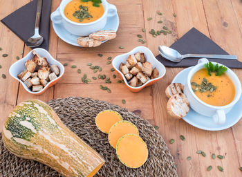 High angle view of breakfast on table