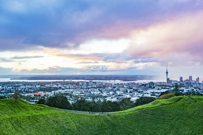 Panoramic view of buildings against sky during sunset