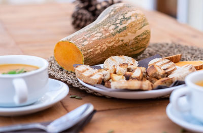 Close-up of breakfast served on table