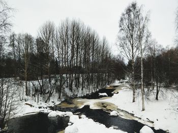 Bare trees on frozen river against sky