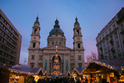 Facade of saint shephen basilica during christmas time in the center of budapest