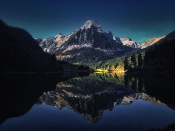 Scenic view of lake and mountains against sky