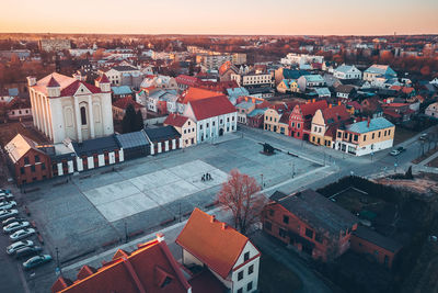 High angle view of townscape against sky at sunset