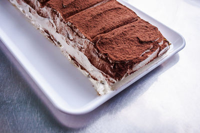High angle view of cake in plate on table