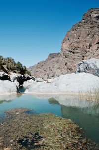 Scenic view of lake against clear blue sky