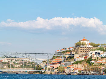 View of bridge over river against buildings