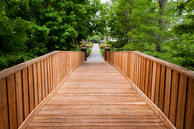 Wooden plank bridge leading into trees, tan brown color.