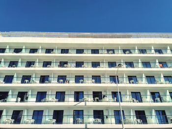 Low angle view of modern building against blue sky