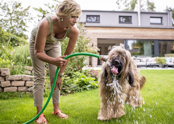 Woman with dog and garden hose in garden