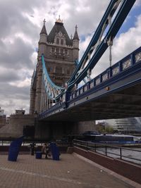 View of suspension bridge against cloudy sky