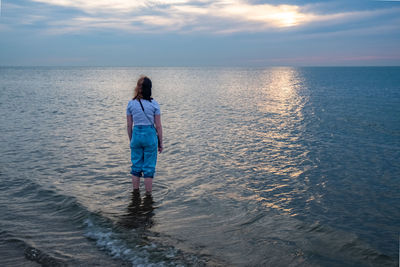 Rear view of man standing at beach against sky