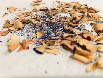 High angle view of colored pencils on table