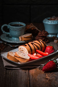 High angle view of breakfast served on table