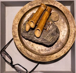 High angle view of rusty metal on table