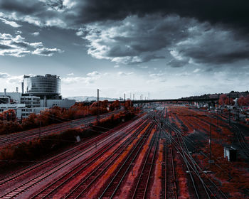 High angle view of train against sky in city