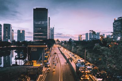 High angle view of city at dusk