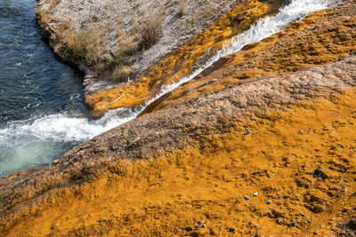Close-up view of water flowing from midway geyser basin in firehole river