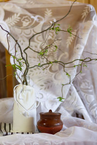 Close-up of white wine on table
